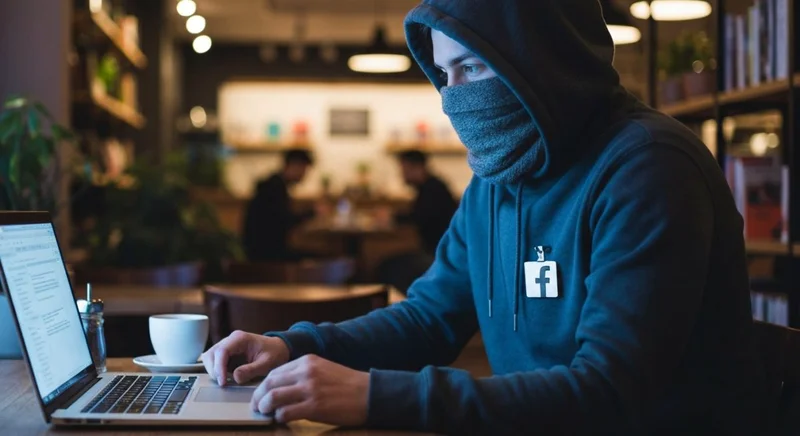 Persona con capucha en café acogedor con insignia Facebook visible