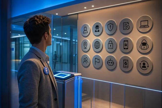 Persona con insignia circular de Facebook frente pared de placas