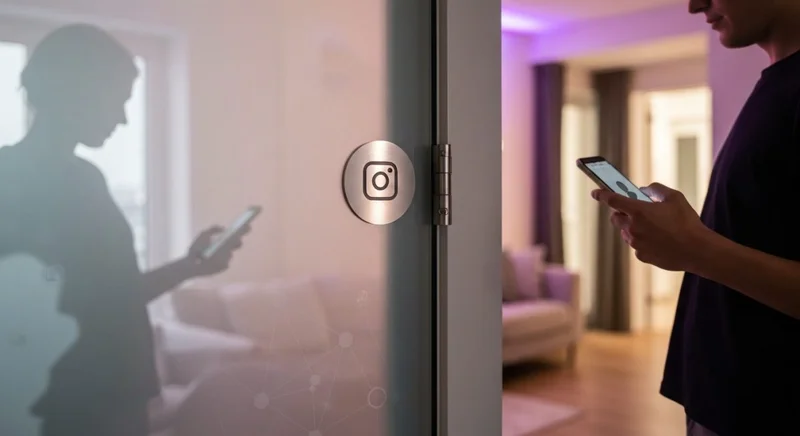 Persona con smartphone frente a puerta de vidrio Instagram grabado