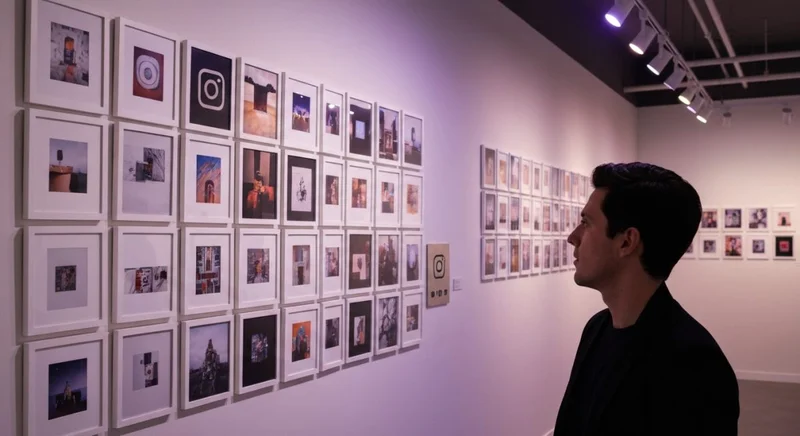 Persona creativa curadora junto al muro con cuadrículas estilo Instagram