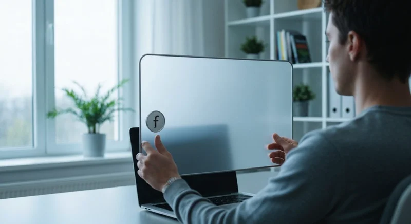 Persona de espaldas ajusta escudo de privacidad con logotipo f