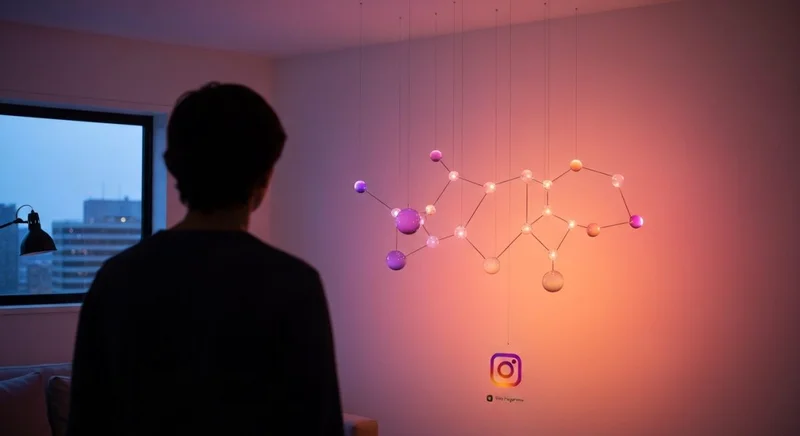 Persona de espaldas contempla instalación constelación Instagram con orbes luminosos