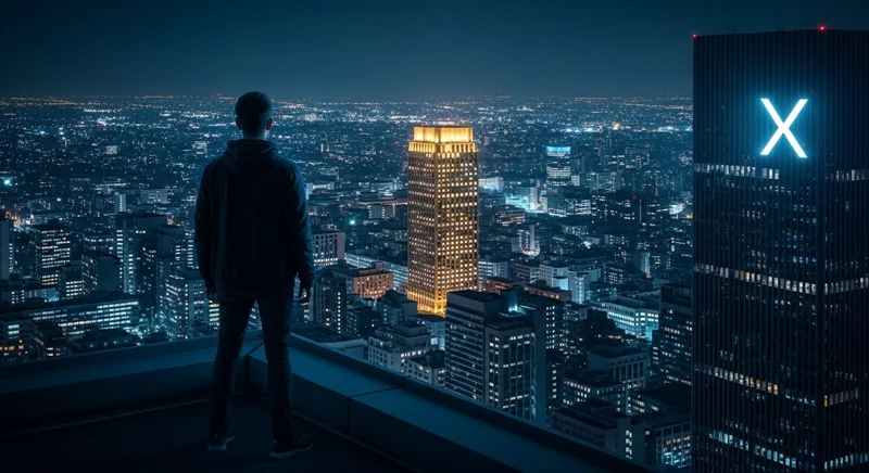 Persona de espaldas en azotea viendo ciudad nocturna con logo X