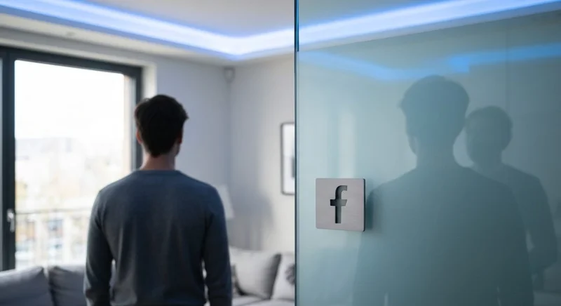 Persona de espaldas en sala moderna ante vidrio con Facebook