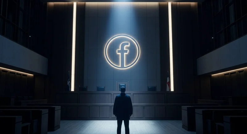 Persona de espaldas en tribunal con logo de Facebook iluminado