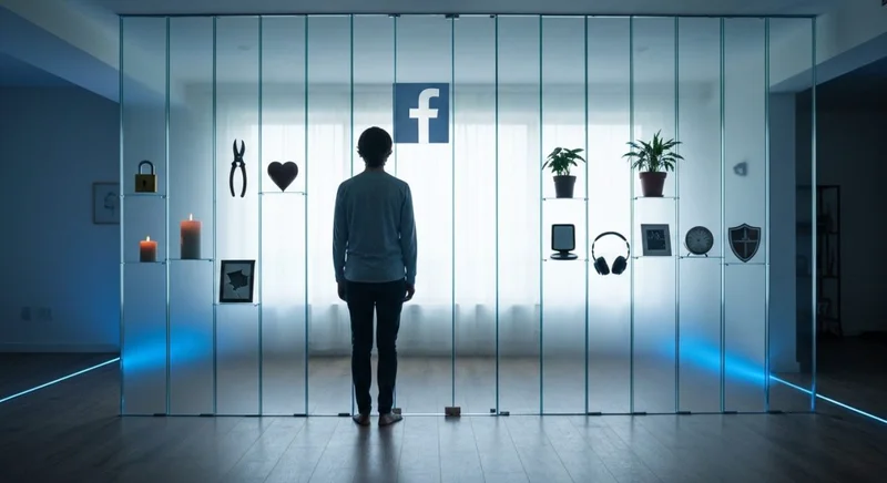 Persona de espaldas observa paneles de vidrio con logo Facebook