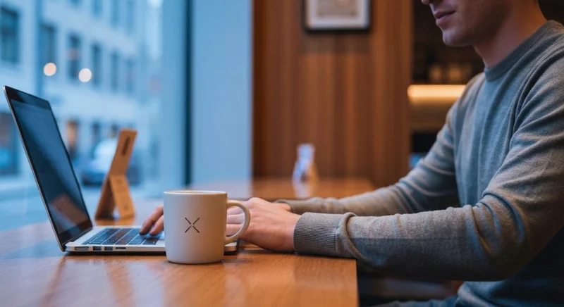 Persona en cafe con laptop y taza con logo X