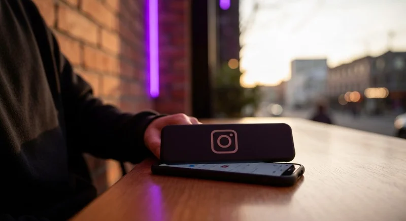 Persona en café con teléfono boca abajo grabado logo Instagram