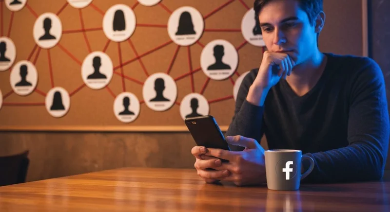 Persona en cafe mirando smartphone taza cerámica mate con Facebook