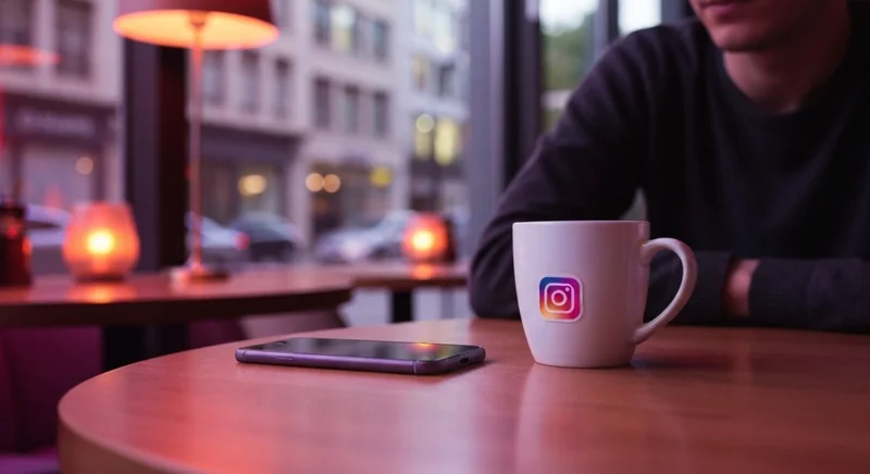 Persona en café moderno junto taza blanca logotipo Instagram teléfono