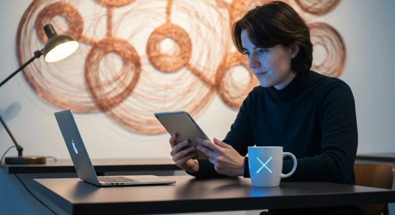 Persona en café observa tableta y laptop junto mug X