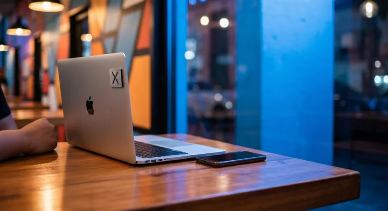 Persona en café venezolano con laptop y placa logotipo X