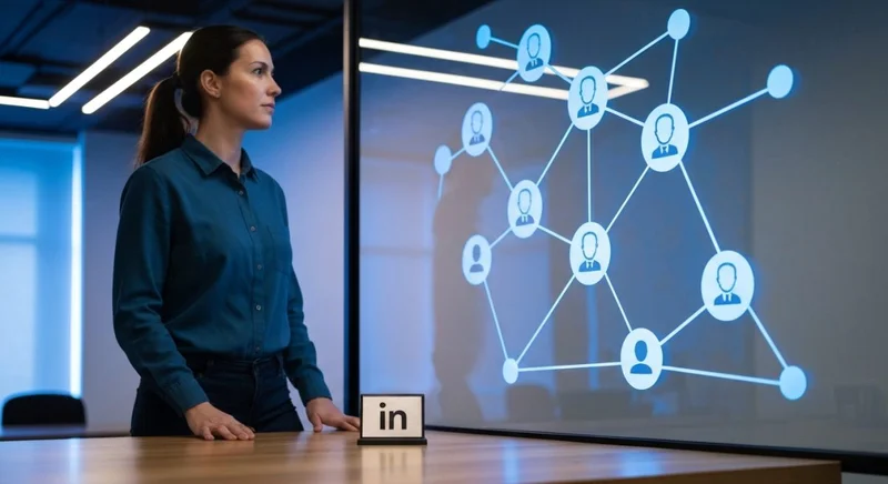 Persona en coworking ante pared cristal diagrama azul nodos LinkedIn