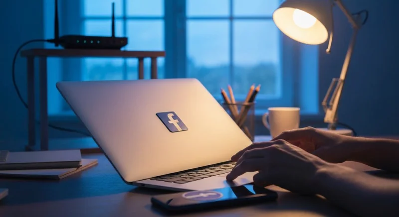Persona en escritorio actualizando foto de Facebook con logotipos Facebook