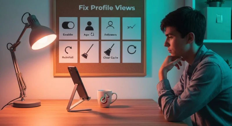 Persona en escritorio cálido con teléfono apagado y pegatina TikTok
