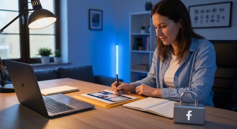Persona en escritorio casero con carpeta abierta y Facebook f