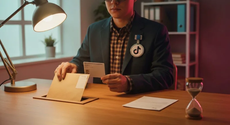 Persona en escritorio con insignia TikTok en chaqueta sosteniendo identificación