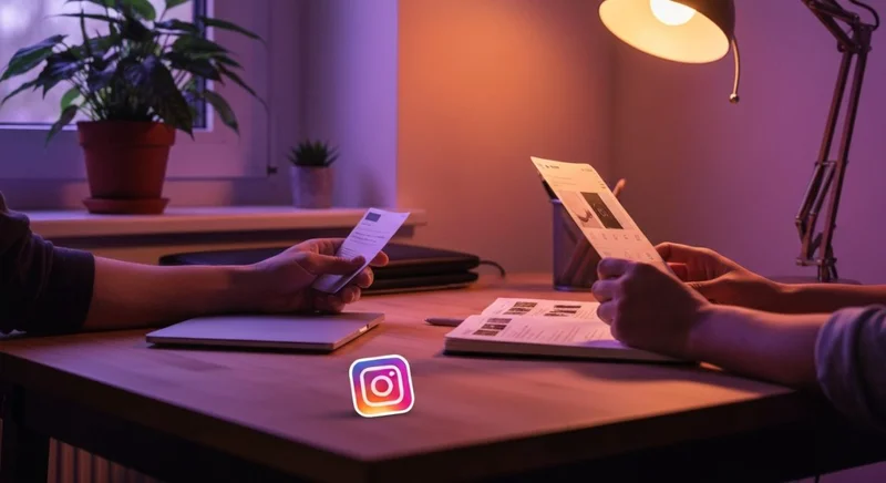 Persona en escritorio de madera revisa Instagram con logo minimalista