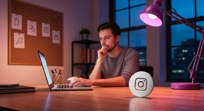 Persona en escritorio intenta crear Instagram con grabado del logotipo