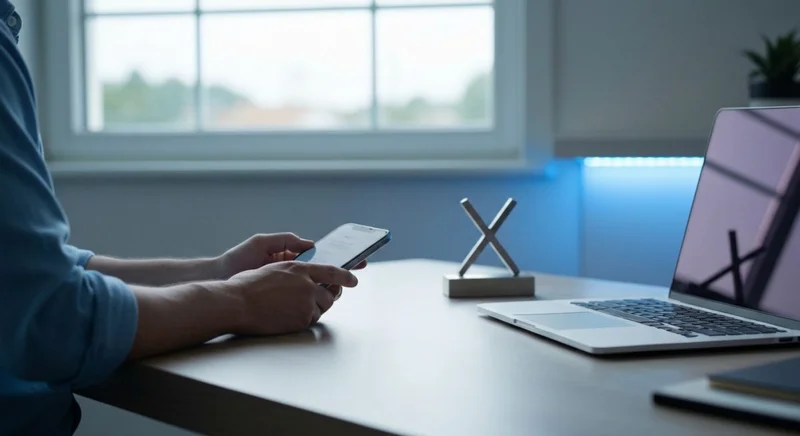 Persona en escritorio minimalista con escultura X logo y dispositivos