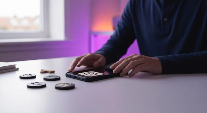 Persona en escritorio minimalista con teléfono Instagram logo grabado fichas
