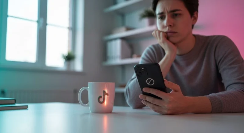 Persona en escritorio minimalista mira telefono preocupado por bloqueo TikTok