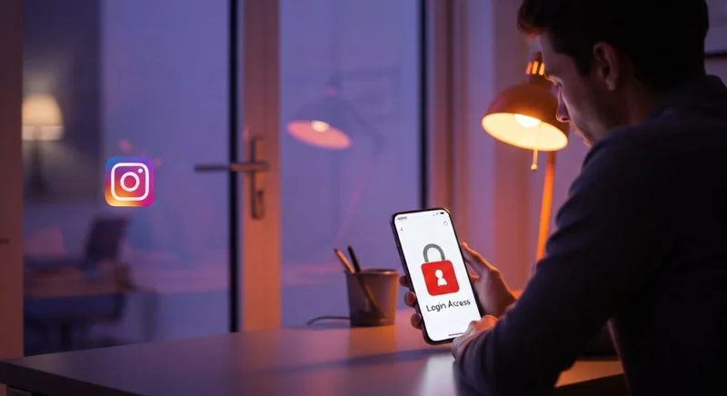 Persona en escritorio minimalista observa teléfono con candado rojo Instagram