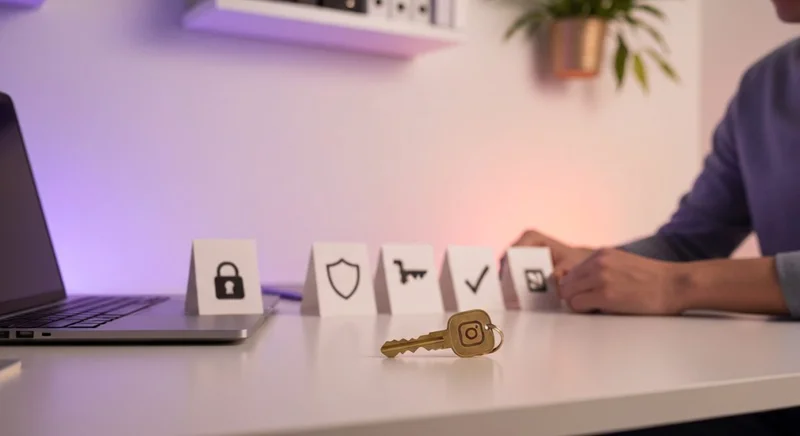 Persona en escritorio minimalista organiza tarjetas índice y llave Instagram