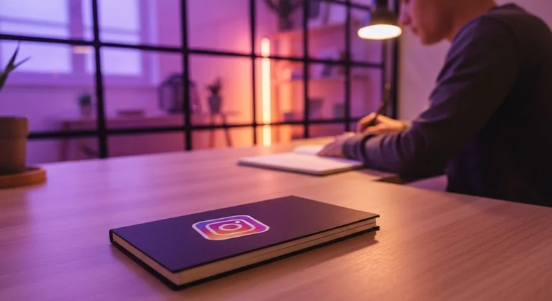 Persona en escritorio moderno casa con cuaderno sticker Instagram bloqueado