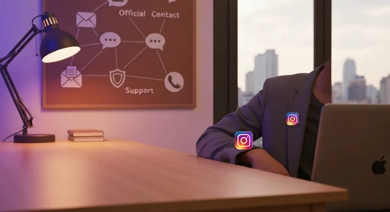 Persona en escritorio moderno con pin Instagram y diagrama contactos