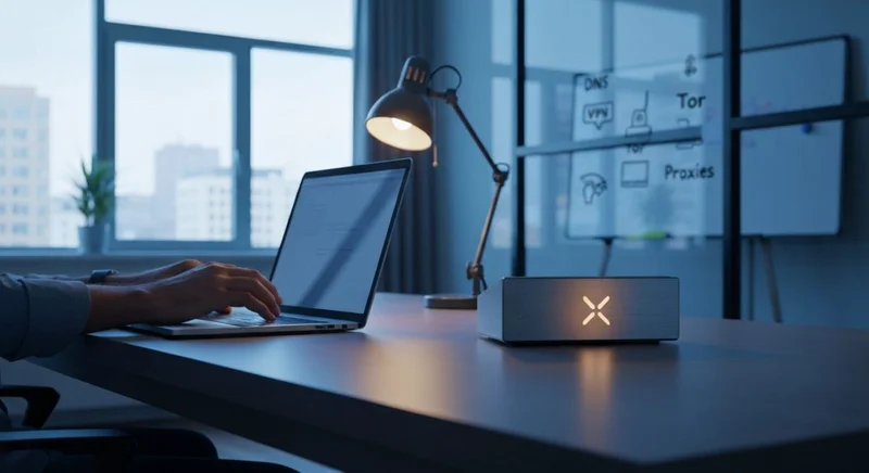 Persona en escritorio moderno con portátil y router X visible