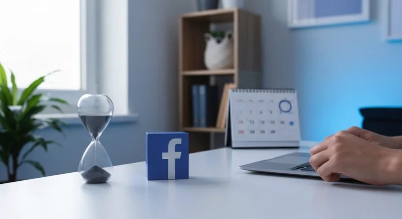 Persona en escritorio moderno contempla Facebook f logo y calendario