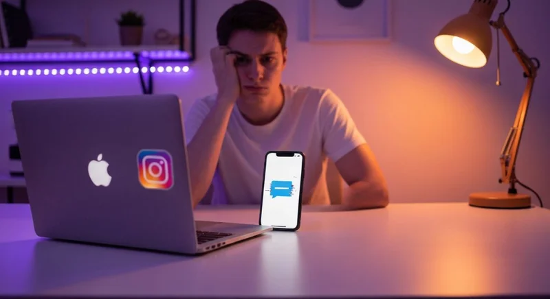 Persona en escritorio moderno mira teléfono con logo Instagram visible