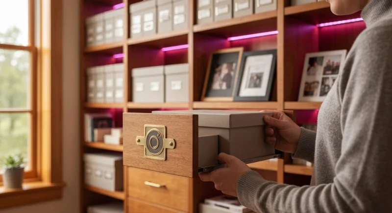 Persona en estudio hogareño levanta caja de memoria logotipo Instagram