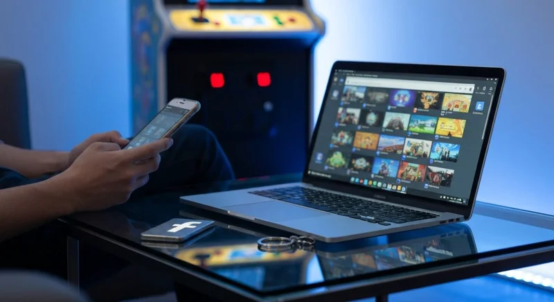 Persona en moderno sofá con laptop mostrando juegos de Facebook
