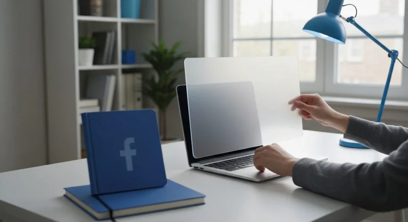 Persona en oficina desliza panel privacidad sobre portátil con Facebook