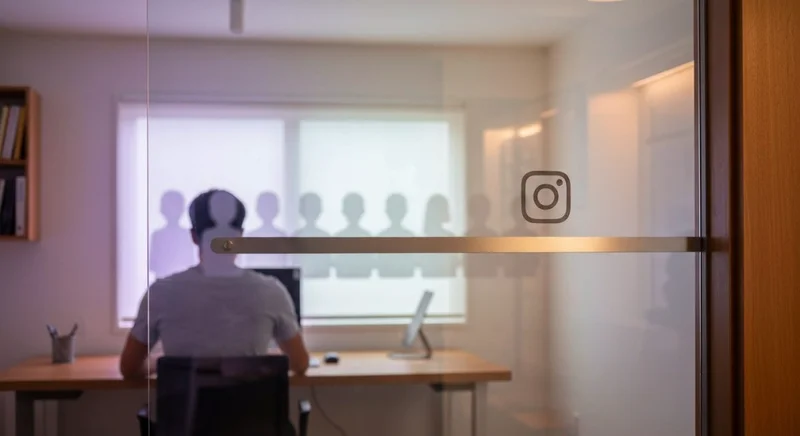 Persona en oficina frente a vidrio esmerilado con logo Instagram