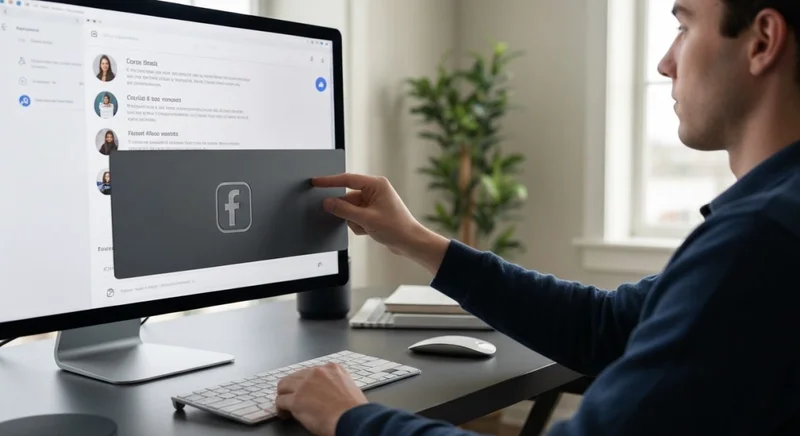 Persona en oficina iluminada desliza panel privacidad sobre monitor Facebook