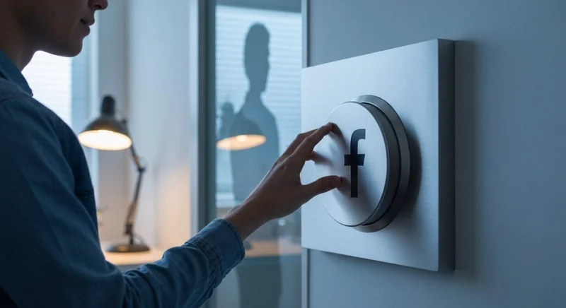 Persona en oficina minimalista gira dial panel de privacidad Facebook