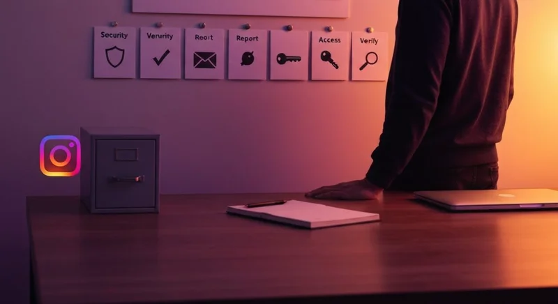 Persona en oficina minimalista junto a tablero de recuperación Instagram