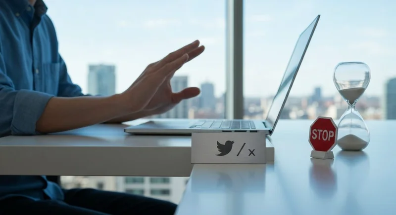 Persona en oficina moderna con laptop y logo Twitter X