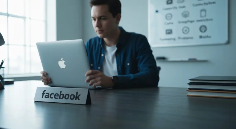 Persona en oficina moderna frente a placa con logo Facebook visible