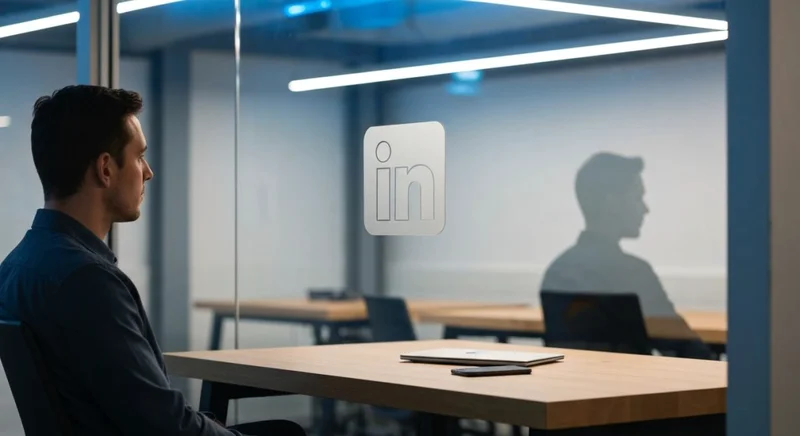 Persona en oficina moderna observa partición de vidrio logo LinkedIn