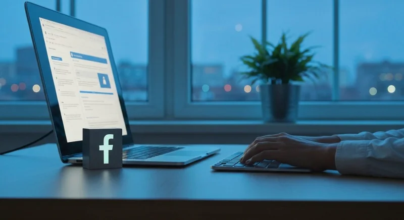 Persona en oficina moderna revisando seguridad de Facebook en portátil