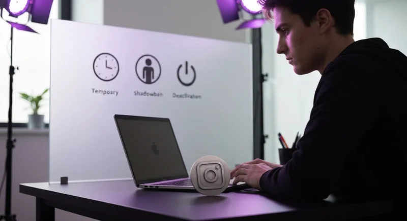 Persona en oficina observa laptop junto insignia Instagram circular