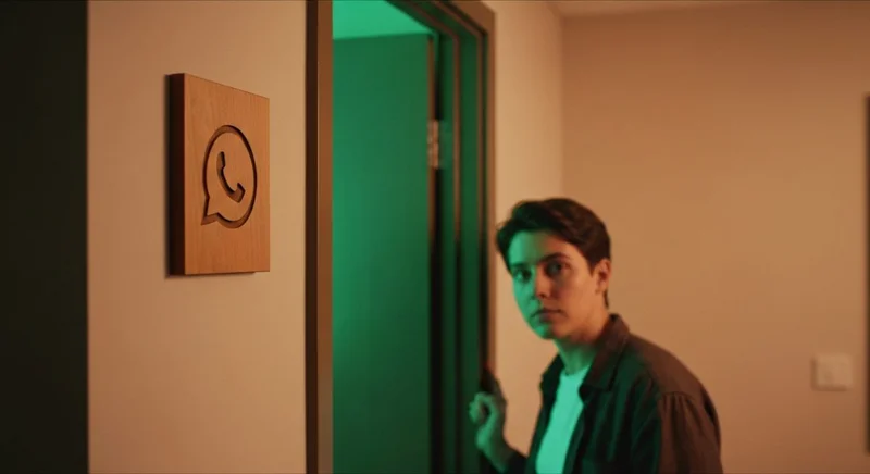 Persona en pasillo estrecho ante puerta logo WhatsApp tallado TikTok