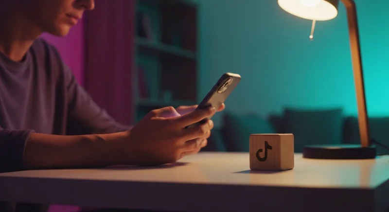 Persona en sala con teléfono y cubo de madera TikTok