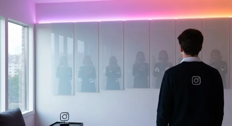 Persona en sala minimalista frente a paneles con simbolos Instagram