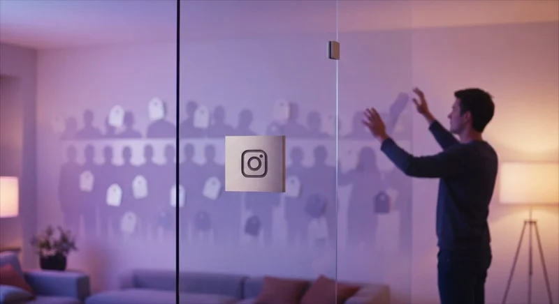 Persona en sala moderna ante panel de vidrio con Instagram