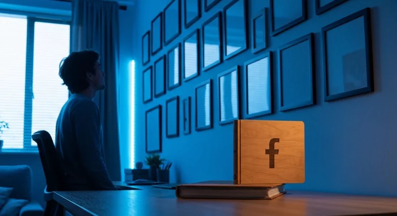 Persona en salón moderno contempla álbum con logo Facebook grabado
